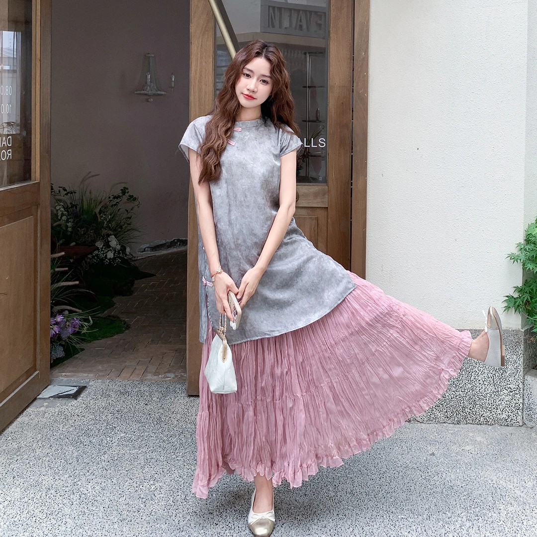 国风新中式缎面印花上衣衬衣女夏季新款气质木耳边蛋糕半裙两件套