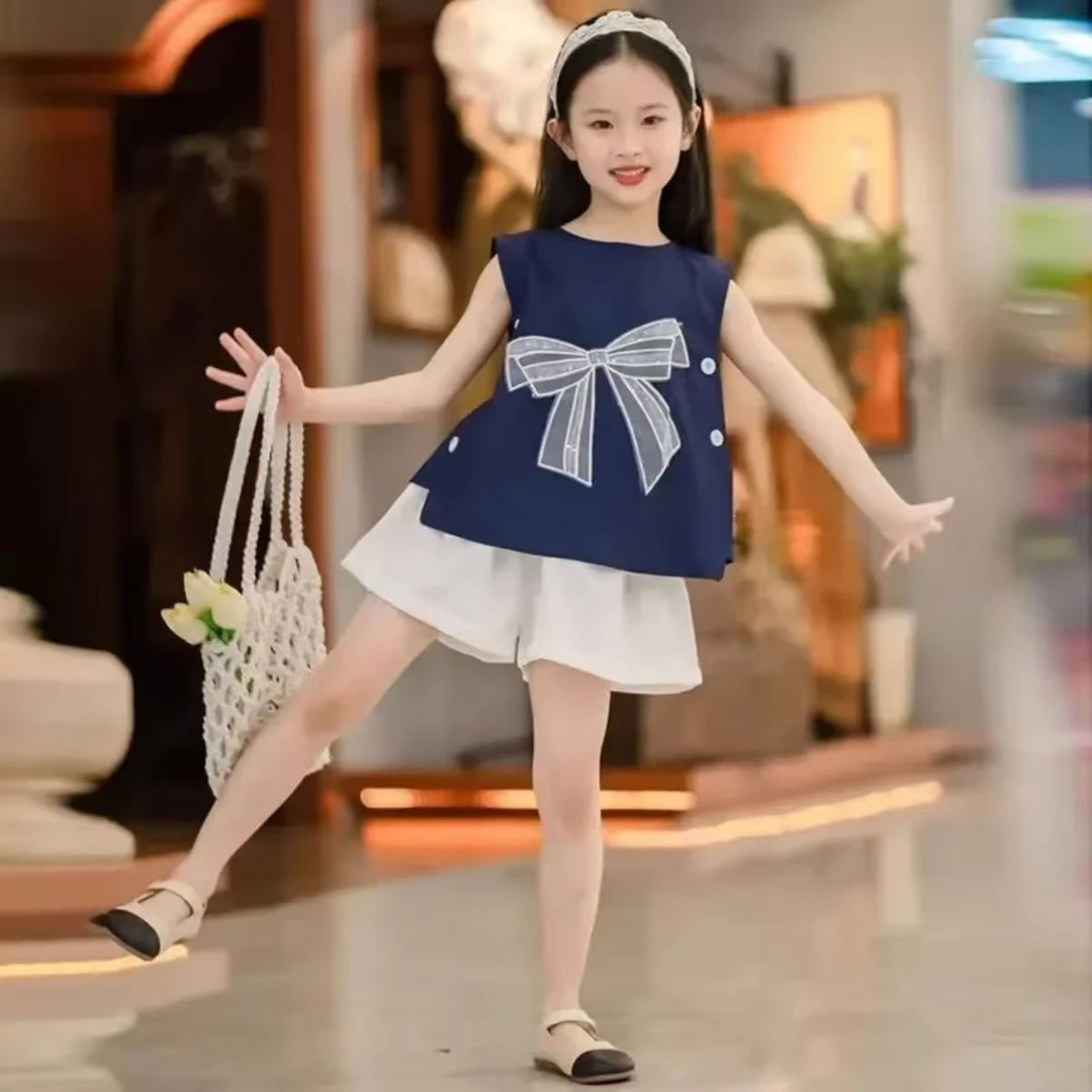 女童甜美蝴蝶结背心套装2025新款儿童女孩时尚运动短裤两件套