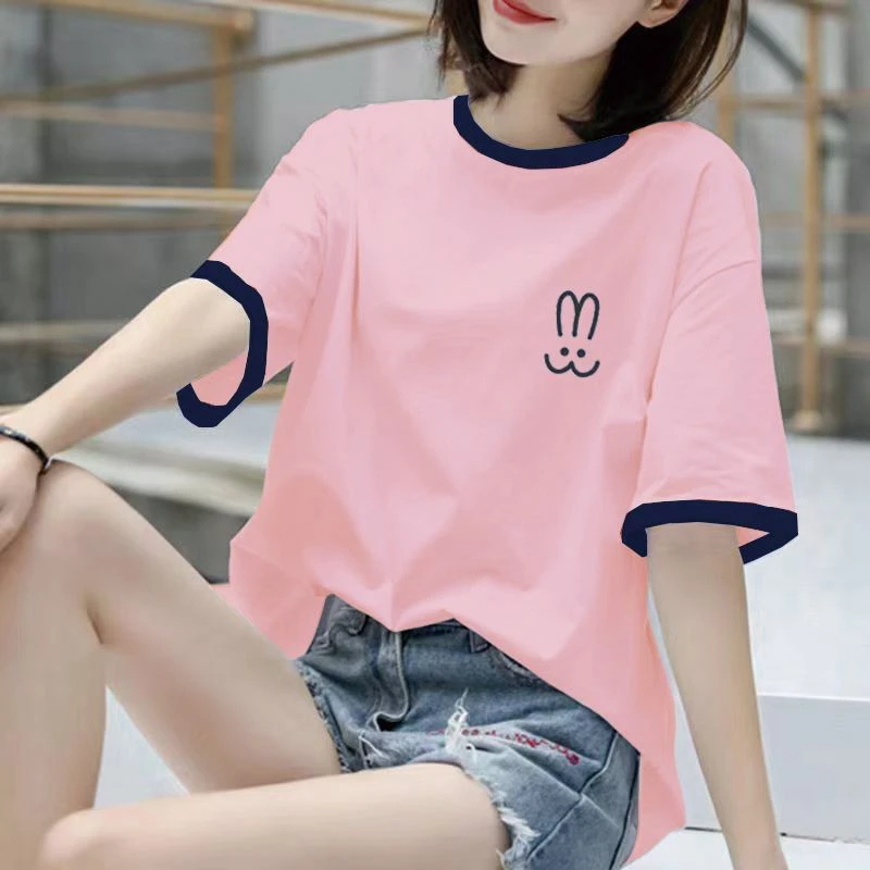 夏季新款撞色纯棉韩版短袖t恤女宽松独特别致洋气小众设计感上衣