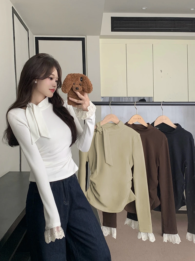 2024秋冬新款胖mm大码女法式蕾丝袖加厚内搭打底上衣T恤33396
