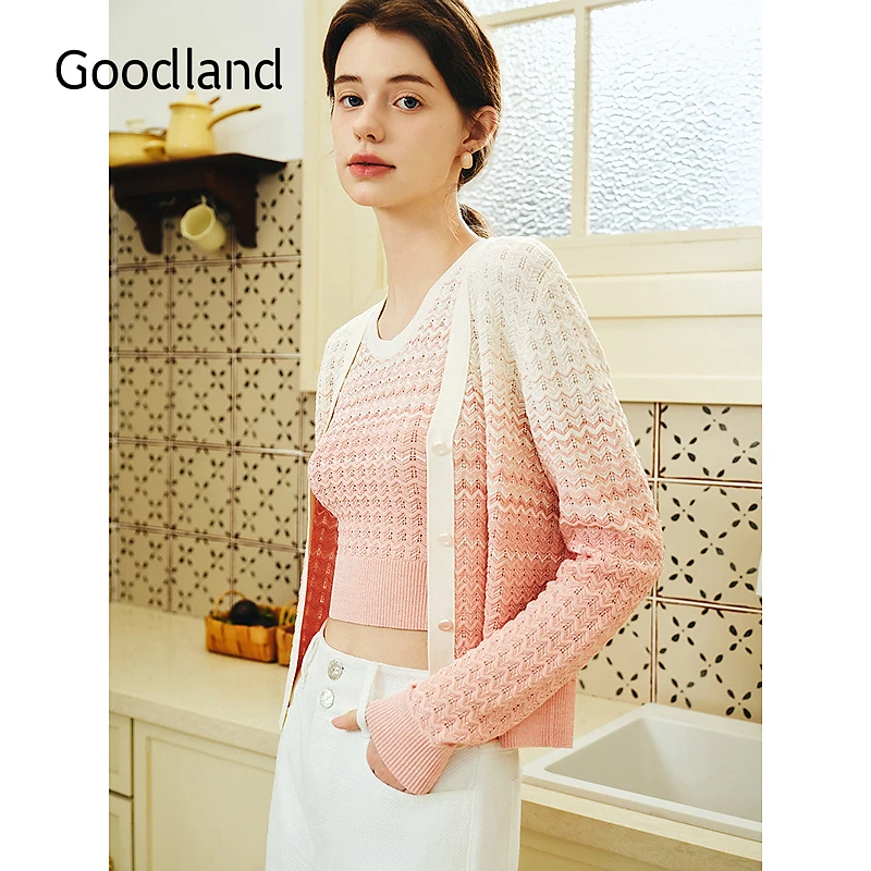 Goodland美地2025春季新款法式欧若假日风亮丝优雅V领毛针织开衫