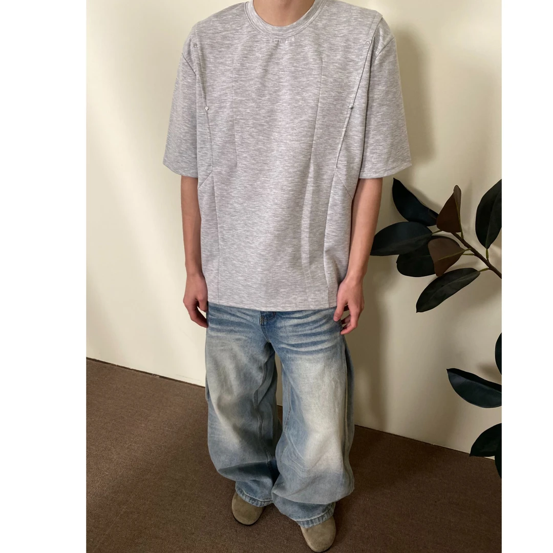 潮牌美式复古解构铆钉压褶设计短袖T恤男春夏季宽松重磅半袖上衣