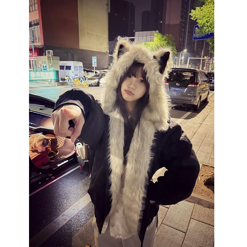 美式复古座山雕猫耳朵连帽棉服男女款秋冬加厚保暖大毛领棉衣外套