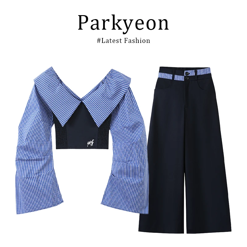 韩系辣妹穿搭蓝色拼接长袖漏肩短款格子衬衫休闲裤两件套装女春秋