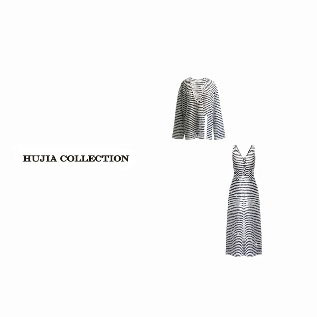 HUJIA 胡嘉丨"百合子"25春夏套装镂空黑白条纹慵懒毛针织衫10128