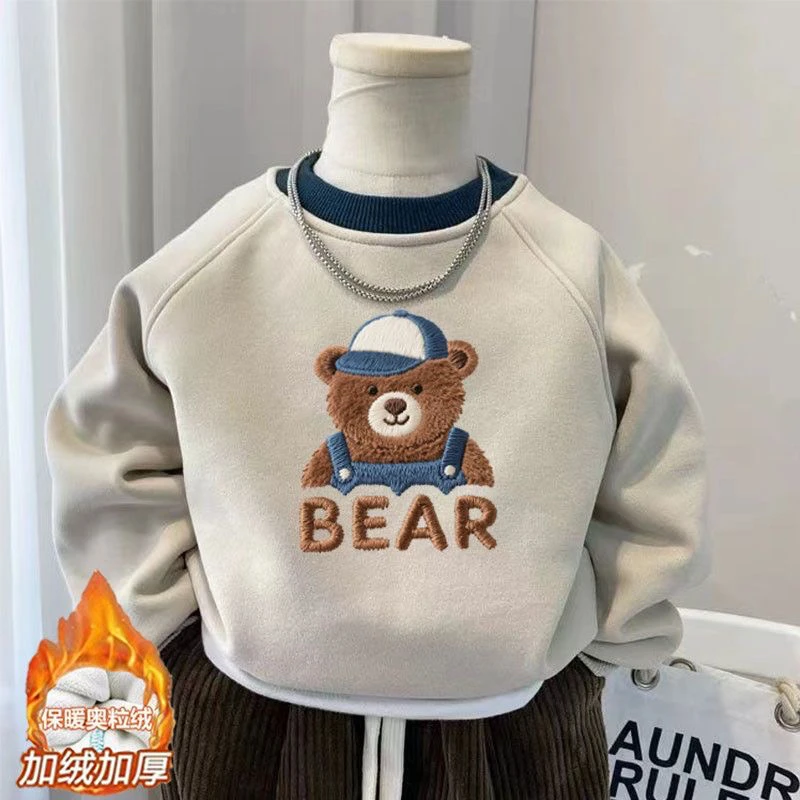 儿童新款卡通小熊撞色上衣中大童秋冬加绒卫衣男女孩洋气可爱打底