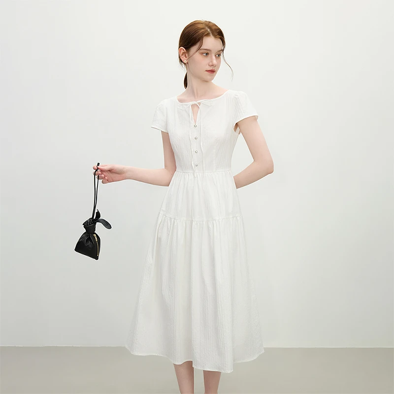 范思蓝恩圆领系带高腰肌理感飞袖连衣裙夏季2025款裙子25FS12154