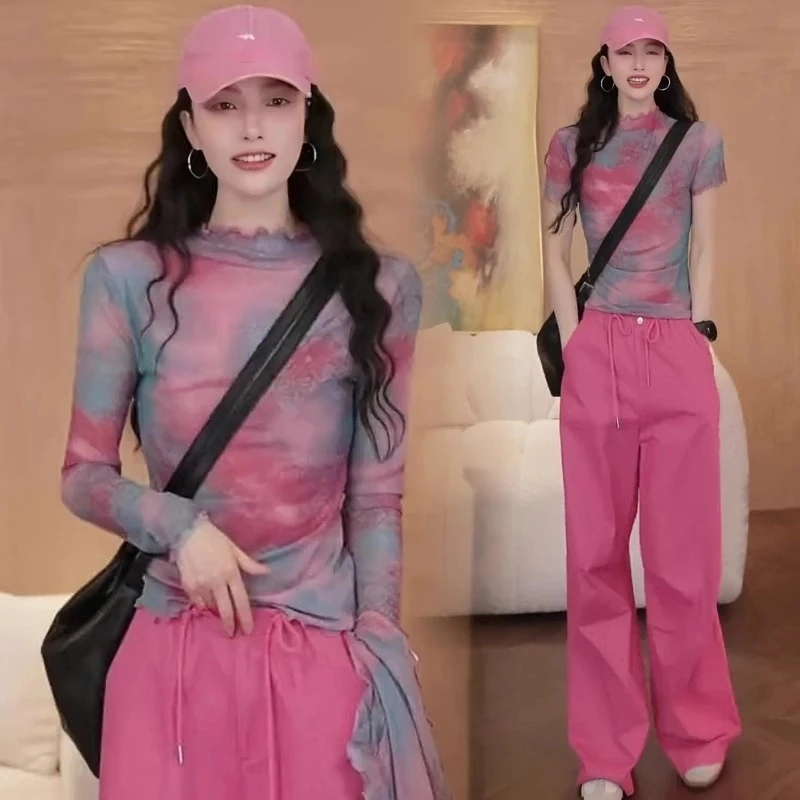 时尚扎染T恤女士2025春秋新款木耳边防晒打底衫修身百搭洋气上衣
