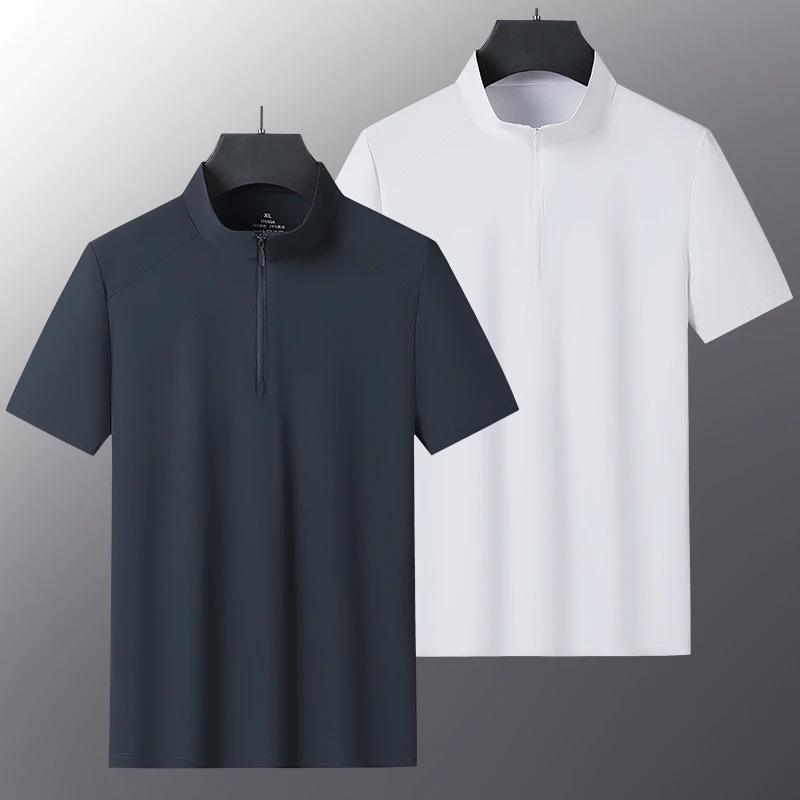 雅鹿优选2025半袖衫夏季新款时尚休闲冰丝短袖t恤男士立领弹力T恤