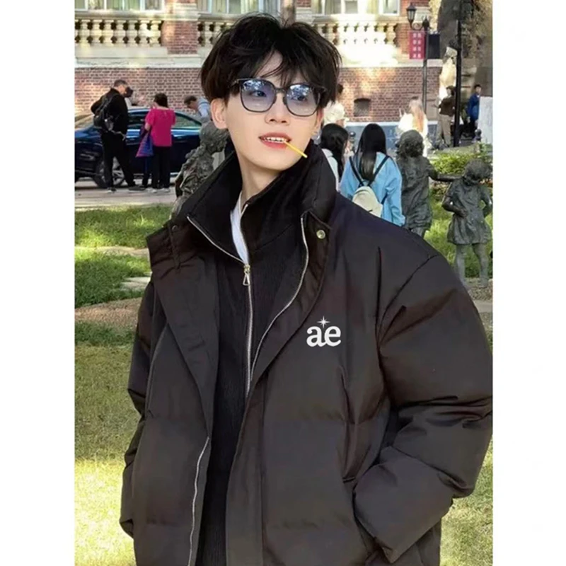 vibe简约小众字母印花立领棉服男冬季百搭休闲情侣加厚款棉衣外套