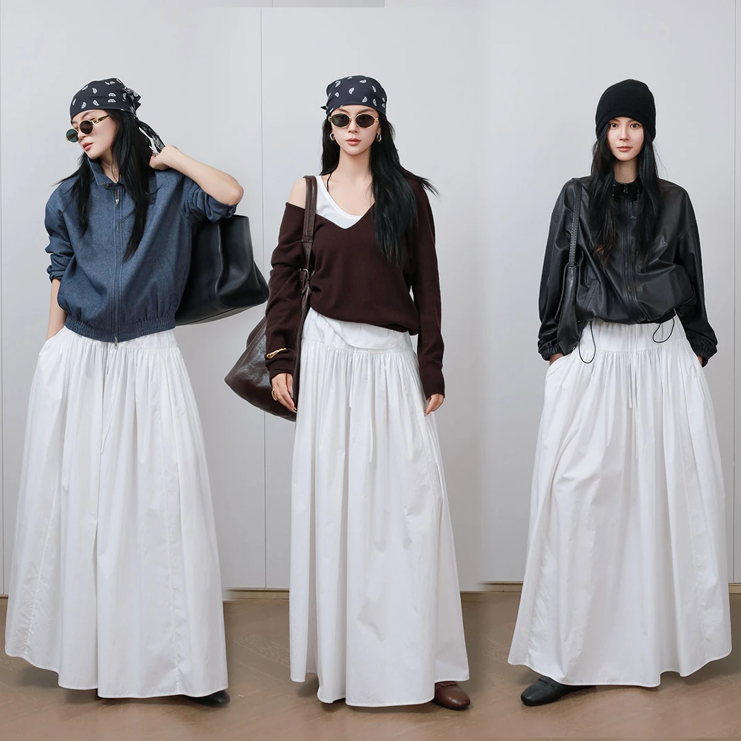 LA MAISON ONE  100棉白色高腰厚款百搭气质半身裙L253B054