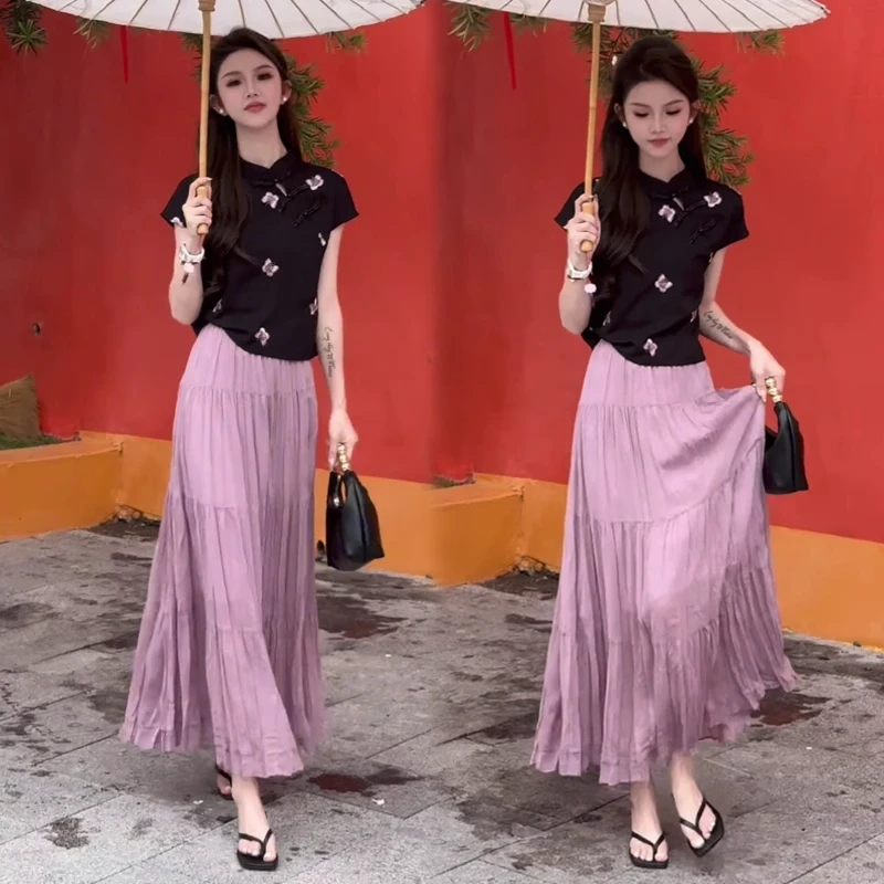 新中式国风套装女2025夏季新款复古显瘦盘扣上衣百褶半身裙两件套