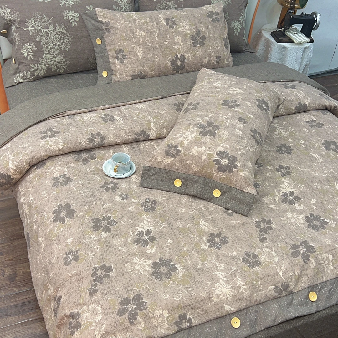 轻奢男冬季加厚原麻双层纱床品四件套纽扣被套床单床笠款三件套