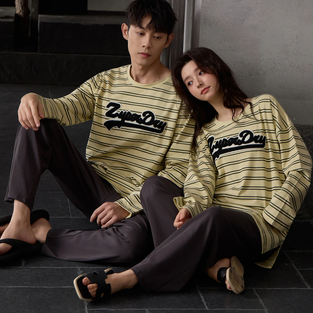 韩版纯棉情侣睡衣春秋季长袖宽松条纹男士女士家居服秋套装可外穿