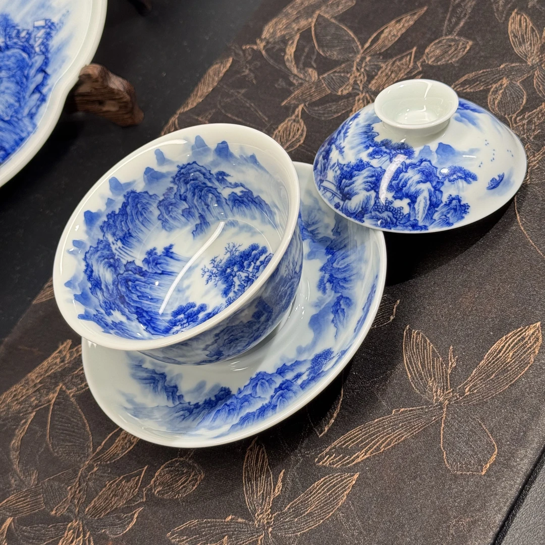 川行手作纯手工纯手绘青花山水盖碗