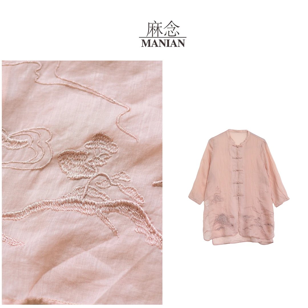 【麻念】衣长77-85 纯苎麻夏季国风盘口文艺七分袖刺绣衬衫女M772