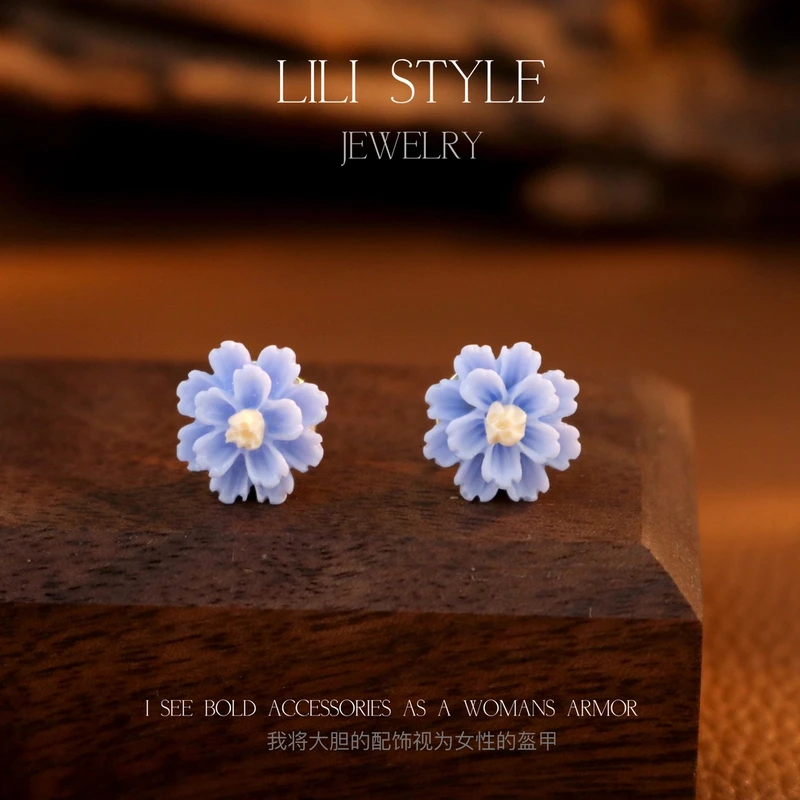 铜合金耳饰 森系超仙蓝色山茶花耳钉简约甜美清新小花耳环K236