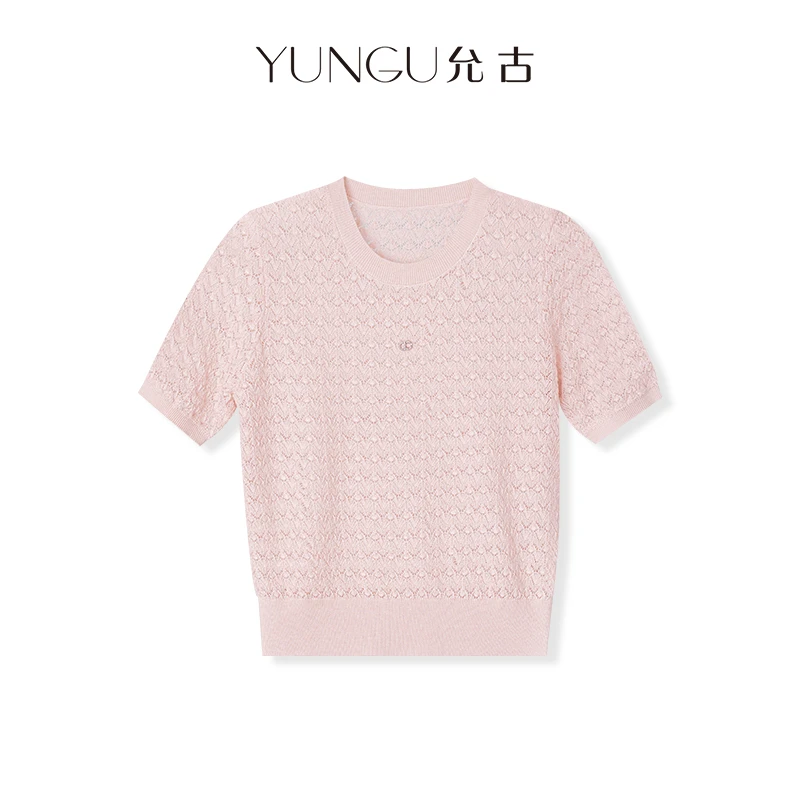 YUNGU允古 【MIU感千金】优雅精致镂空绵羊毛针织T恤女宽松小众上衣
