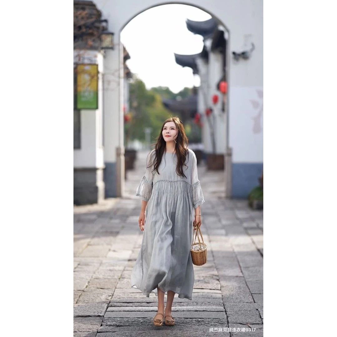 9137晓莲~高端苎麻高腰双层内包边文艺百搭显瘦设计款长裙X250613