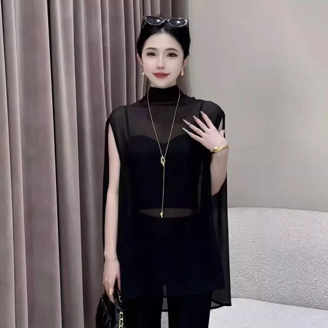 黑色微透防晒无袖衬衫女夏欧货立领网纱蝙蝠衫中长款套头披肩上衣