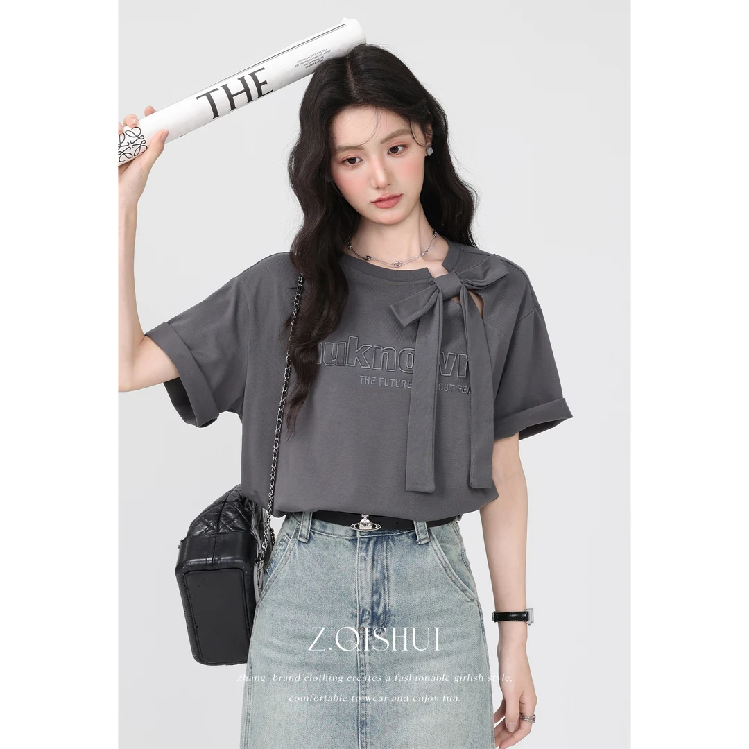 张汽水《往年旧事》夏季新款灰色圆领短袖t恤女设计感蝴蝶结上衣
