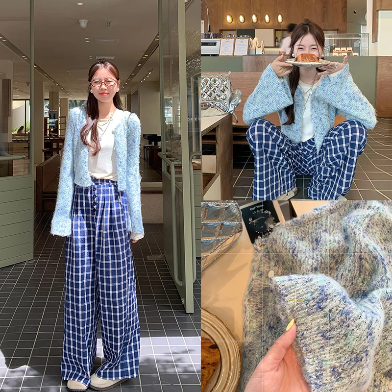 【清清】曾小咸 小个子蓝色短款针织开衫女Z243MZ2252