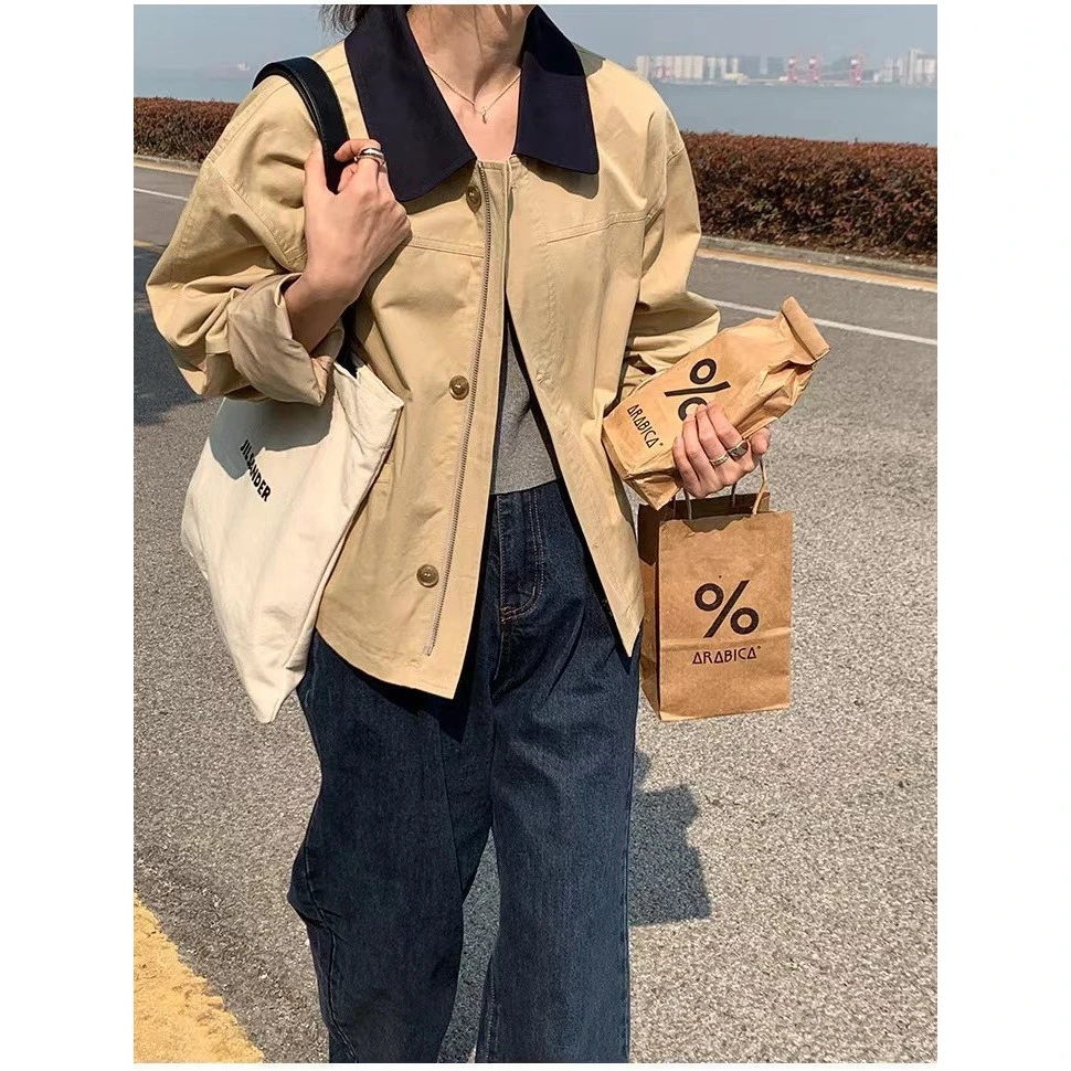 韩系春秋短款风衣小个子短款宽松休闲工装拼接翻领设计感外套韩版