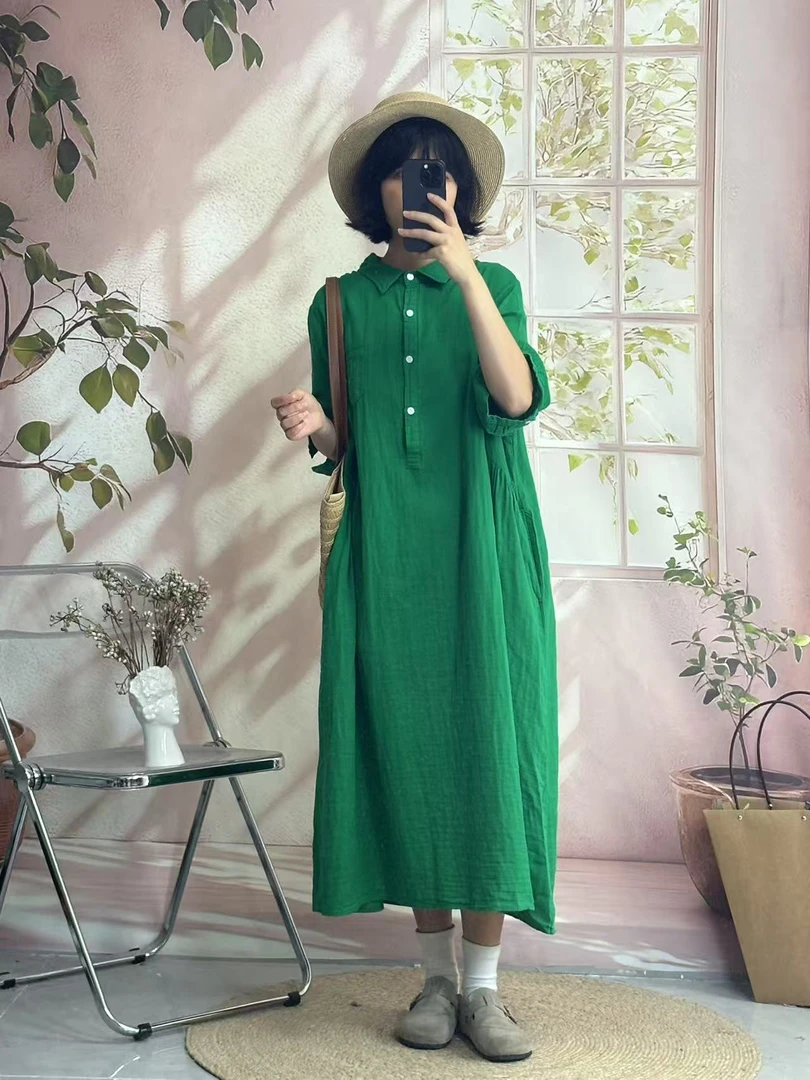 日系 半开扣宽松腰甜美风夏季大码连衣裙中长裙斜肩新中式