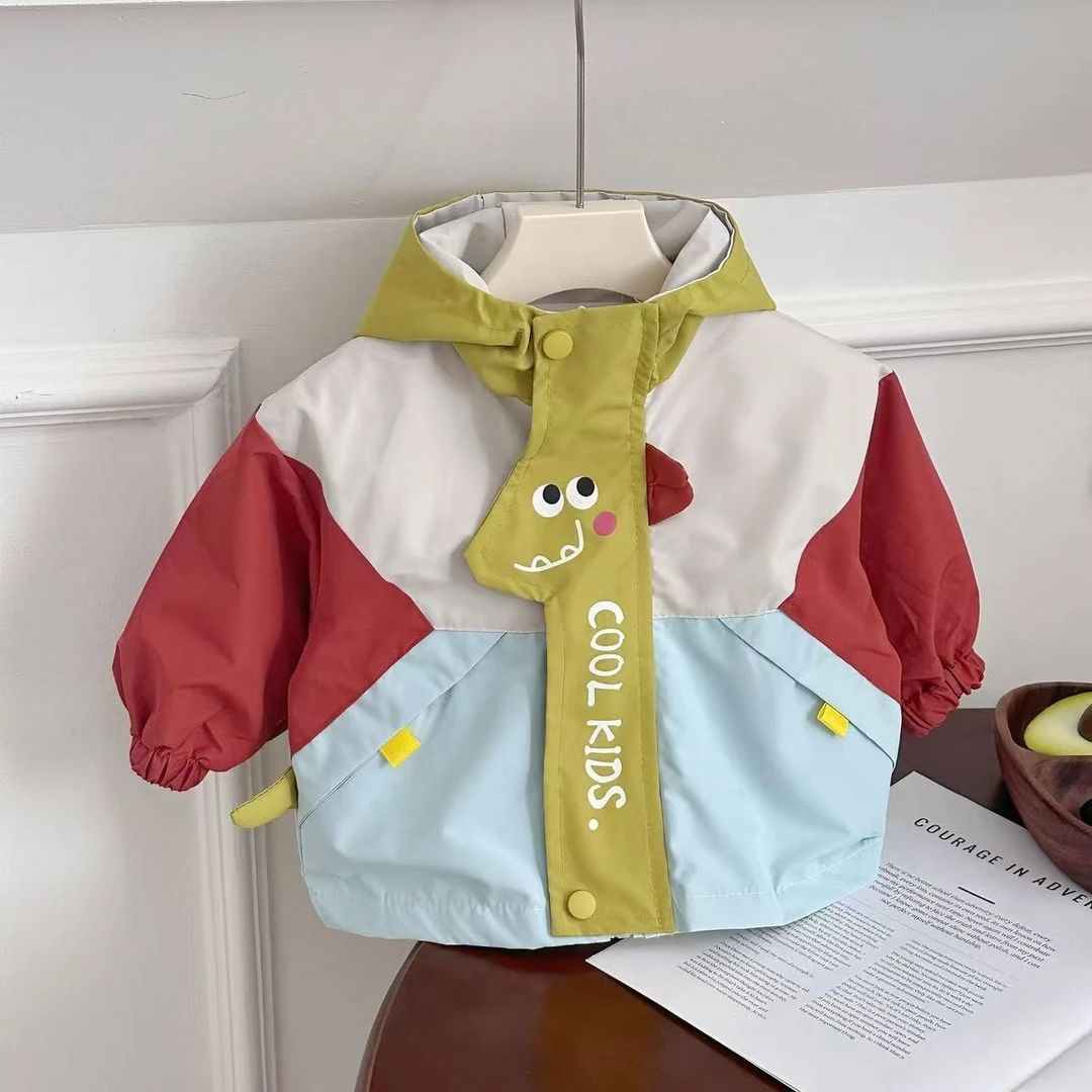 2025春秋季新款小恐龙冲锋衣男童韩系春秋长袖拼色连帽衣宝宝上衣