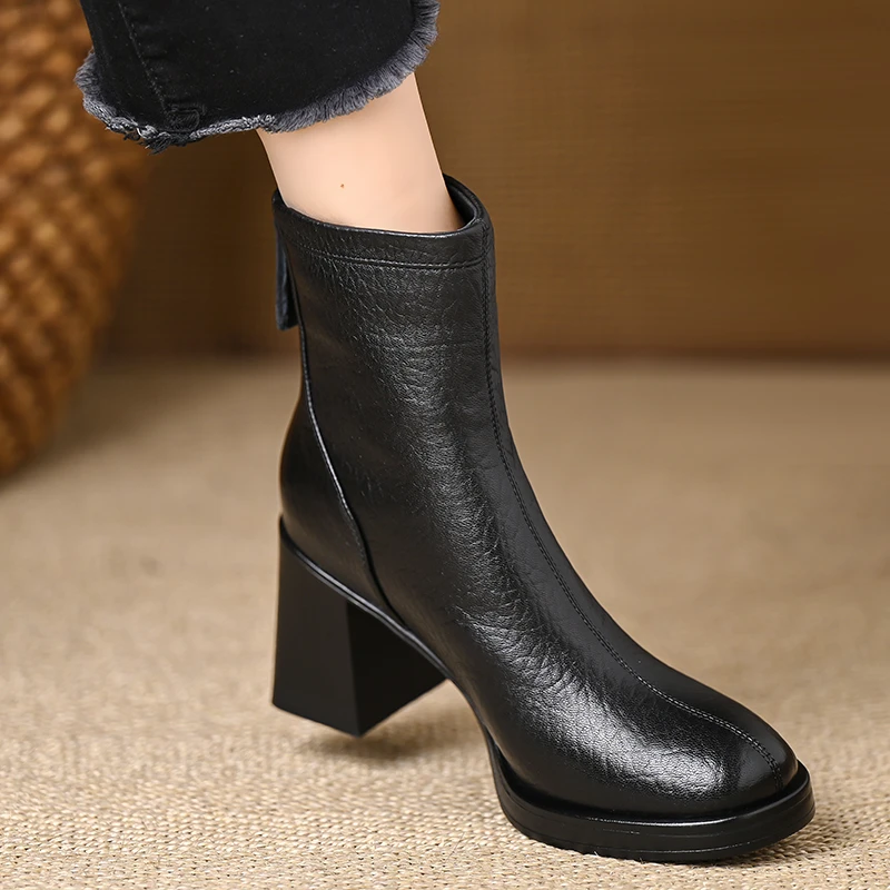 舒适百搭软羊皮靴子7.5厘米圆头粗跟短靴女小个子高跟短筒马丁靴