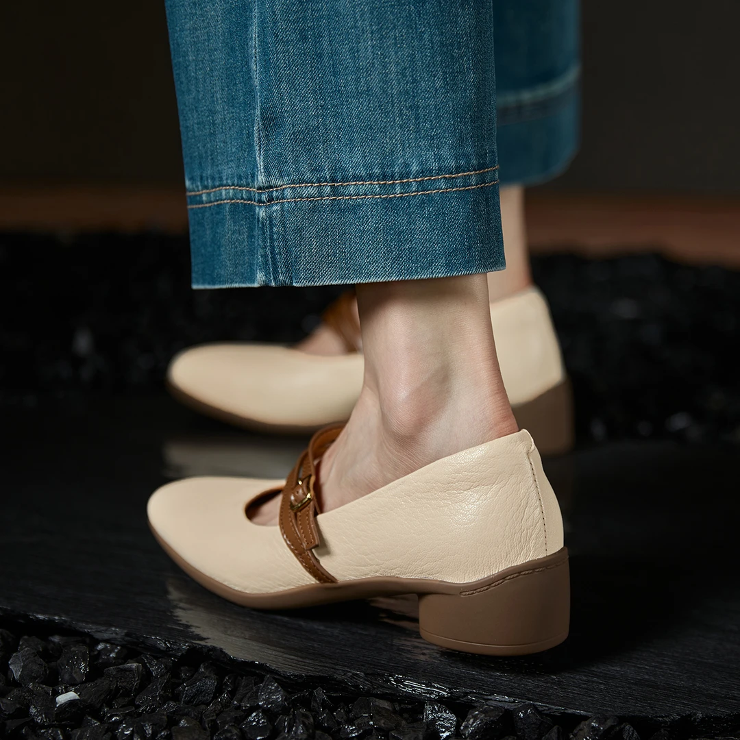 3cm~经典撞色真皮圆头一字带玛丽珍鞋新款粗跟浅口单鞋女百搭鞋子