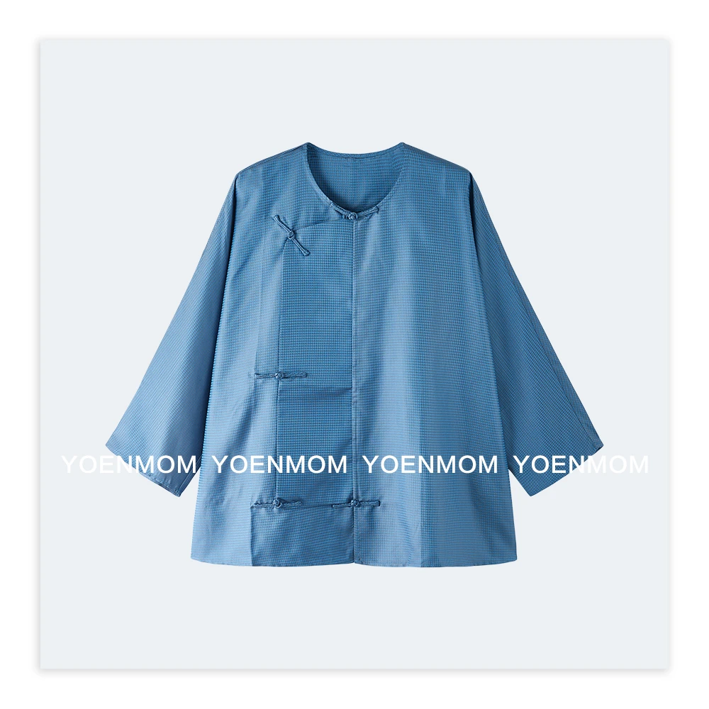 YOENMOM·炫蓝·100桑蚕丝古法色织老料偏光国风一字盘扣琵琶襟上衣