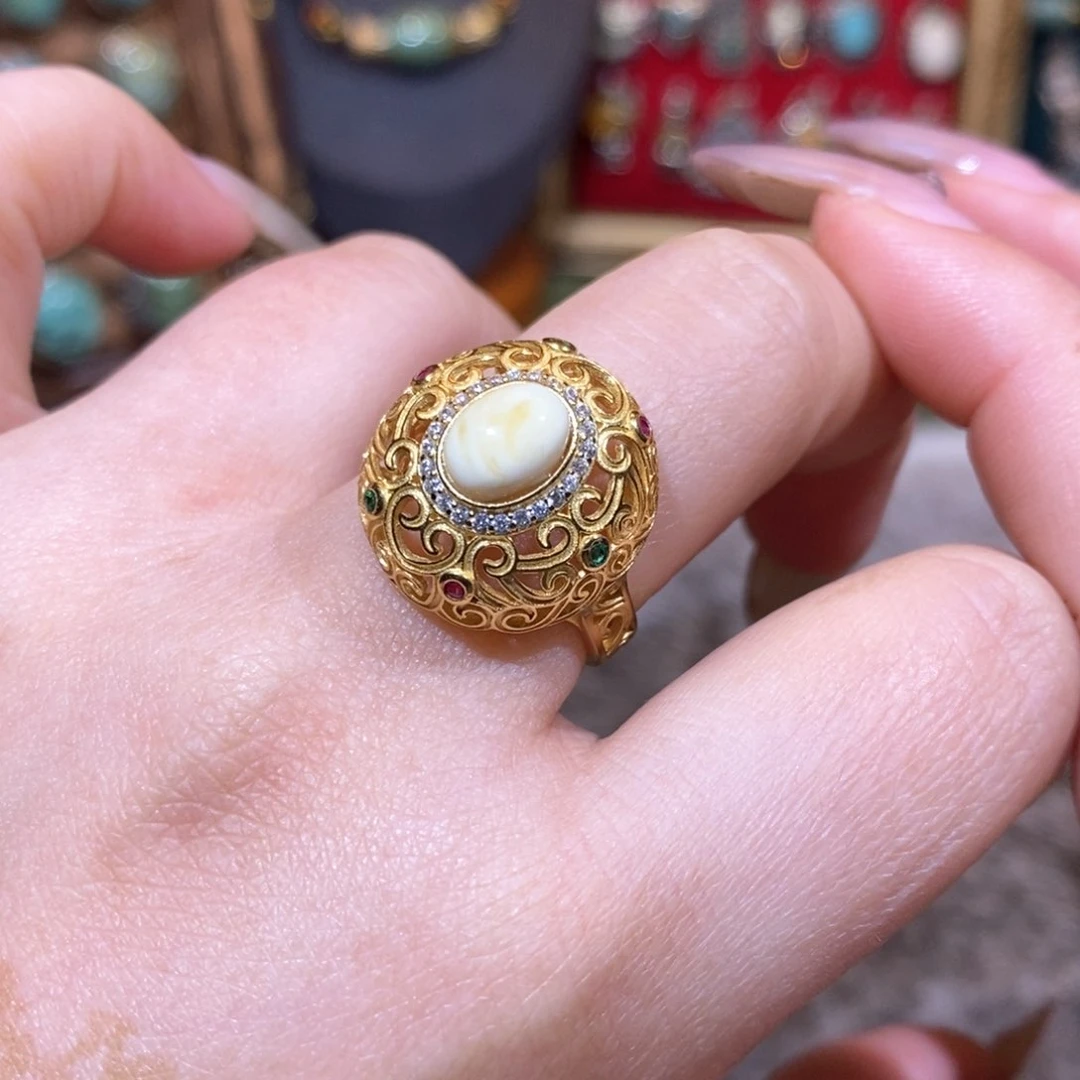 琥珀戒指银S925镀金镶嵌戒指