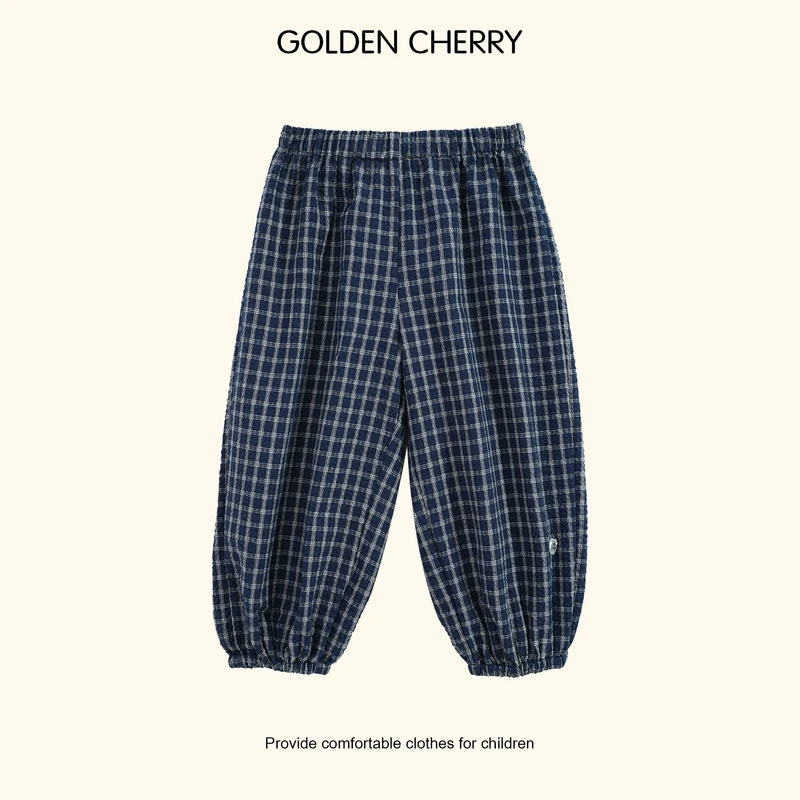 【金樱桃Golden cherry】小童藏青色格子束脚休闲裤285155