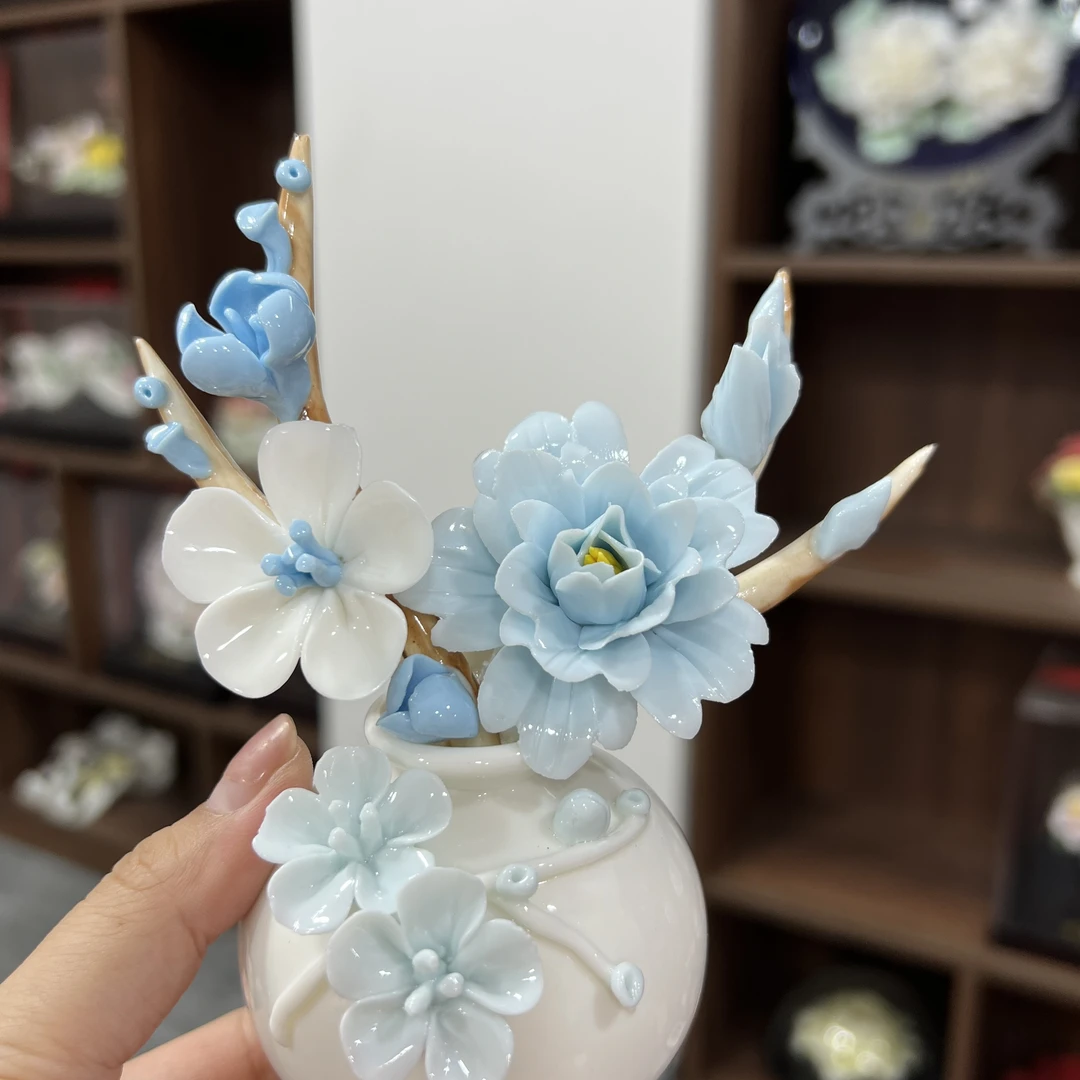中式纯手工立体家居装饰摆设蓝色梅花牡丹套组教师节伴手礼陶瓷