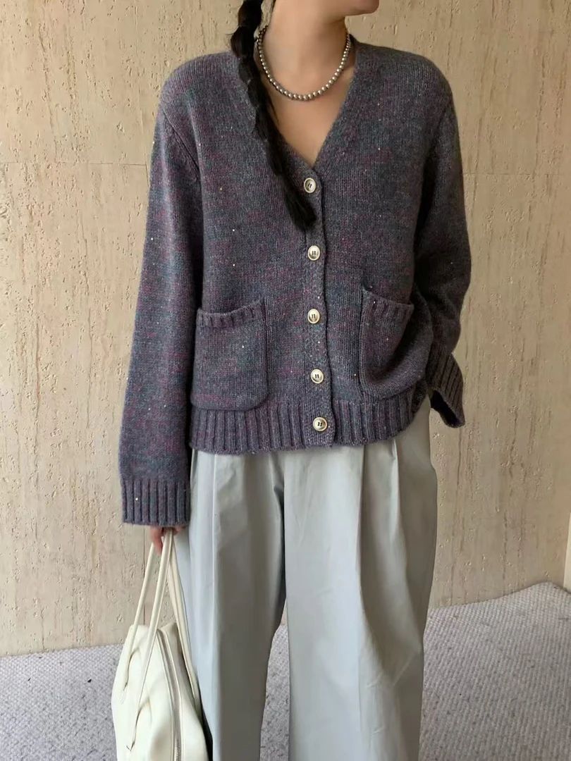 法式V领彩色花纱针织开衫秋冬新款百搭宽松慵懒毛衣9071