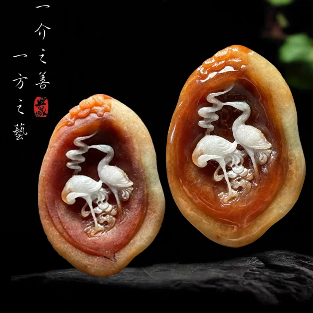 【已结缘】合一堂翡翠工作室定制展示：糯冰红黄皮白肉《松鹤延年》