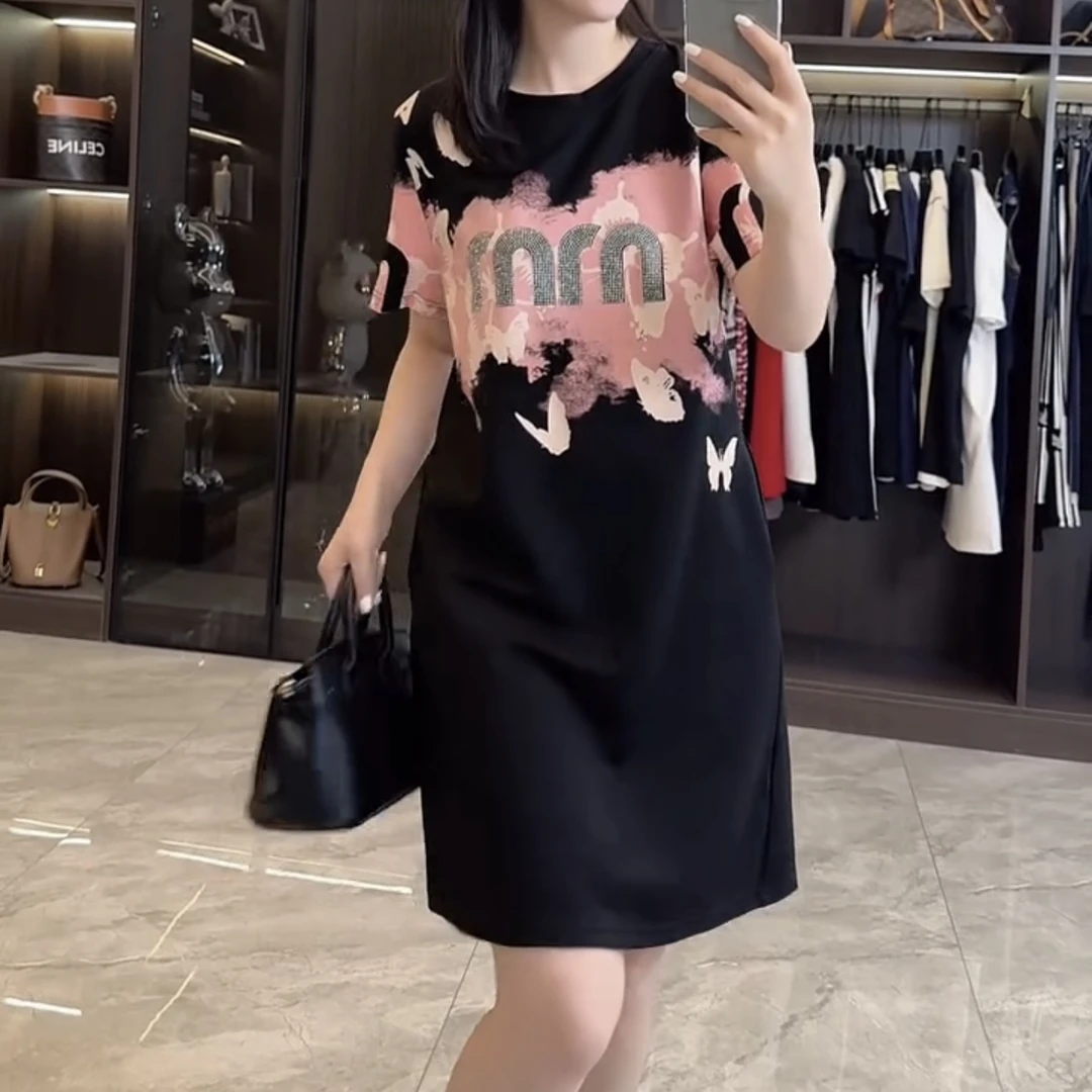 夏季时尚宽松印花烫钻字母显瘦百搭连衣裙