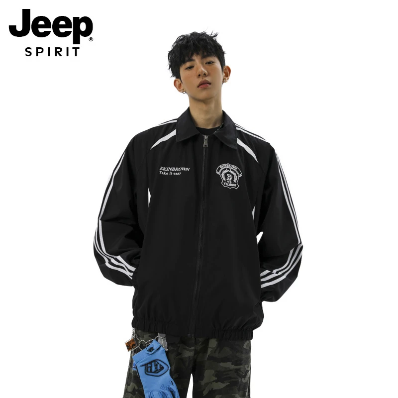 JEEPSPIRIT2025新款美式复古刺绣风拼接情侣宽松大码外套运动上衣
