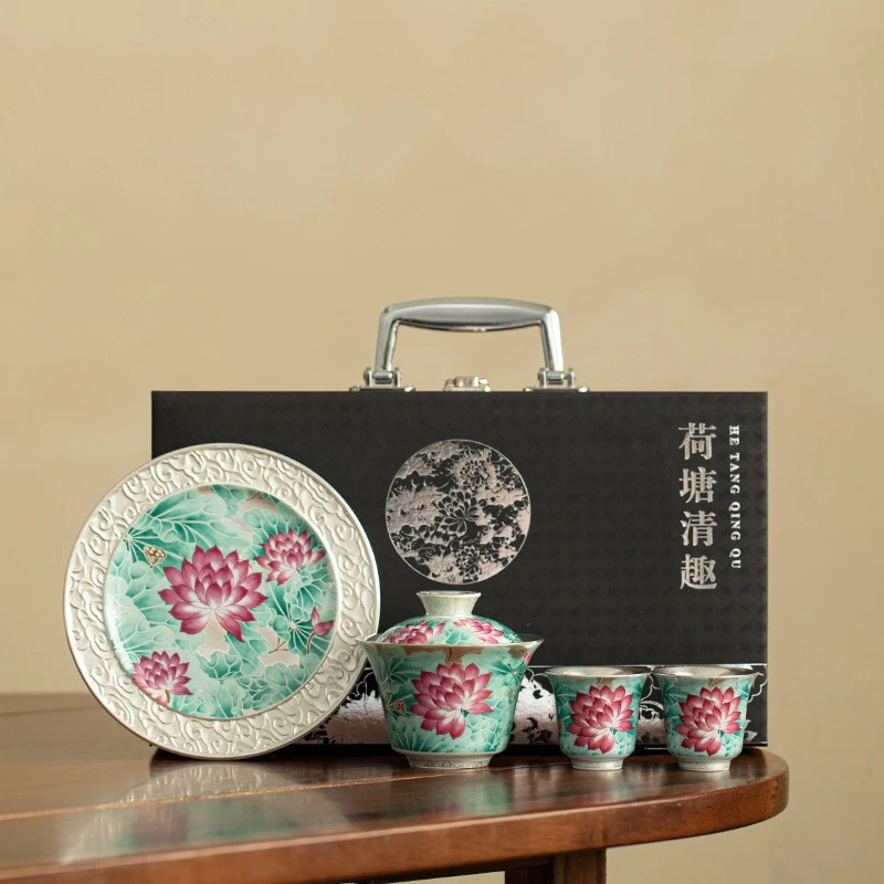 荷塘月色高档鎏银功夫茶具套装一壶二杯节日送老师长辈商务伴手礼