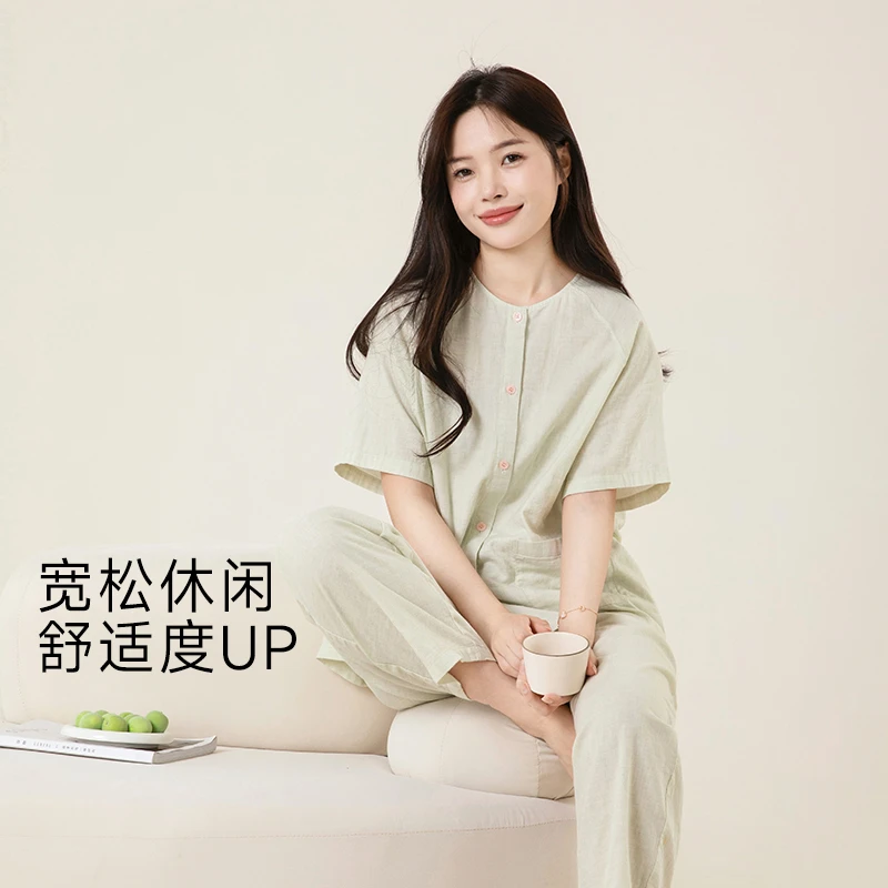 宜色家女夏季纯棉双层纱家居服女款夏天爆款双层纱睡衣薄款套装