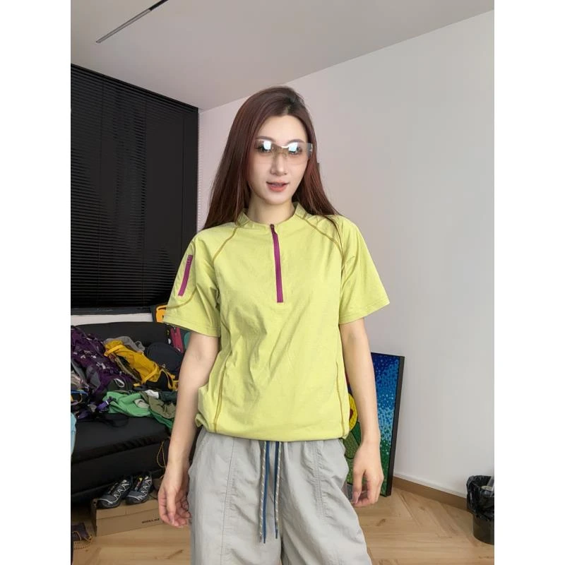 【杨崽】2025 夏季吸湿速干 透气 女款撞色冚线半拉链T恤 9907