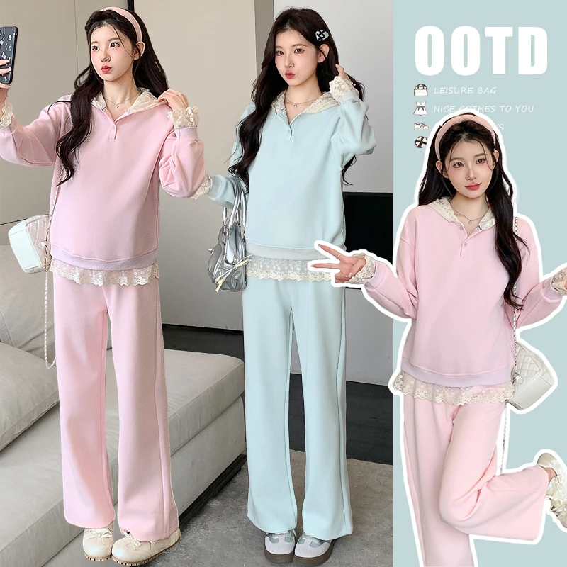 孕妇粉色套装春秋2025新款时尚洋气减龄蕾丝拼接连帽卫衣两件套女