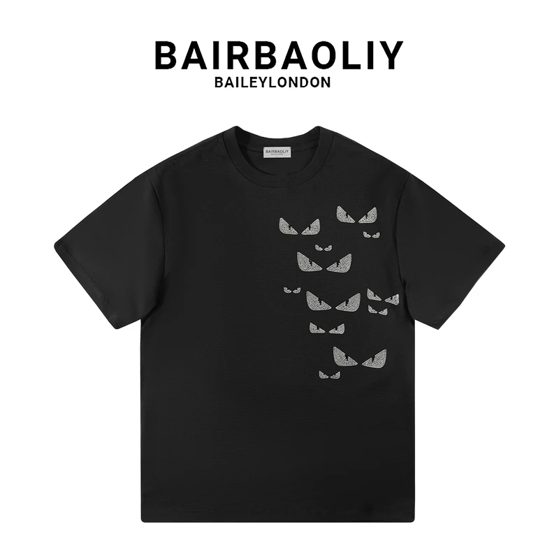 BAIRBAOLIY欧洲站重工轻奢怪兽眼睛闪钻短袖T恤男装潮流高端潮牌