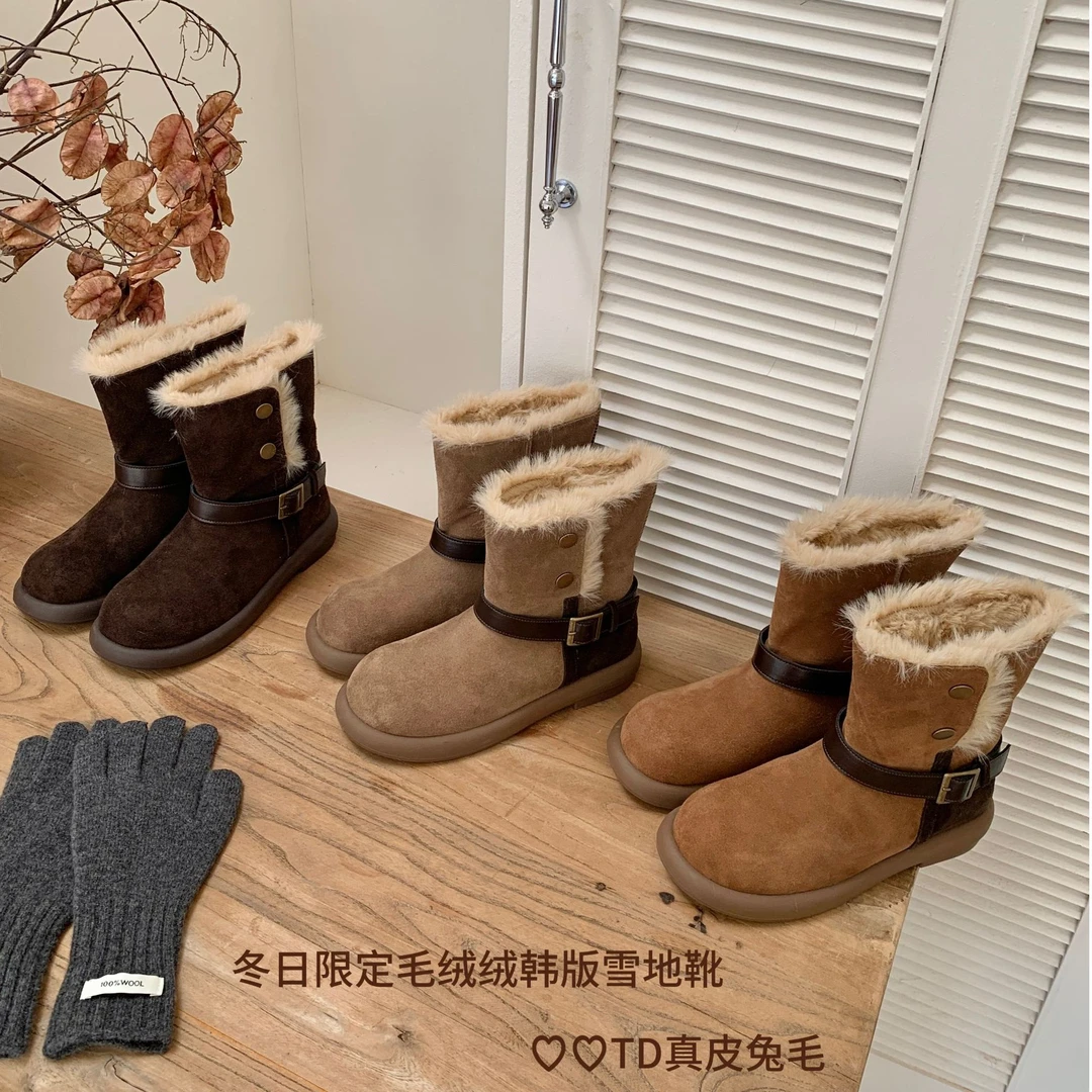 真皮兔毛加绒厚底雪地靴女秋冬新款皮带扣短筒保暖毛毛靴