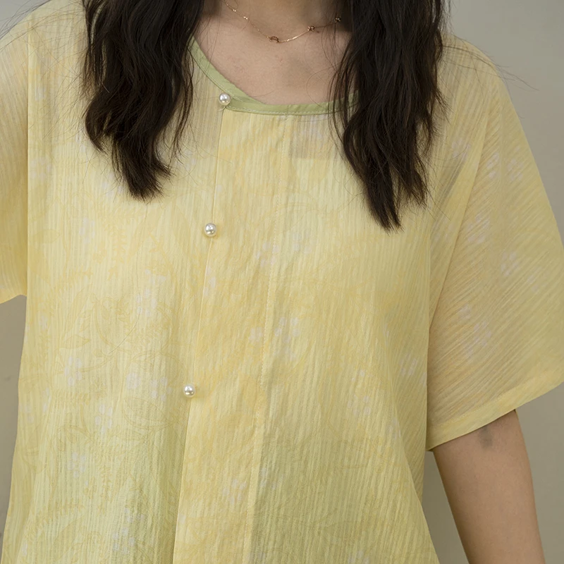 初潋月国风设计白菜汉元素印花唐褙子松紧八破群花苞短裤裙