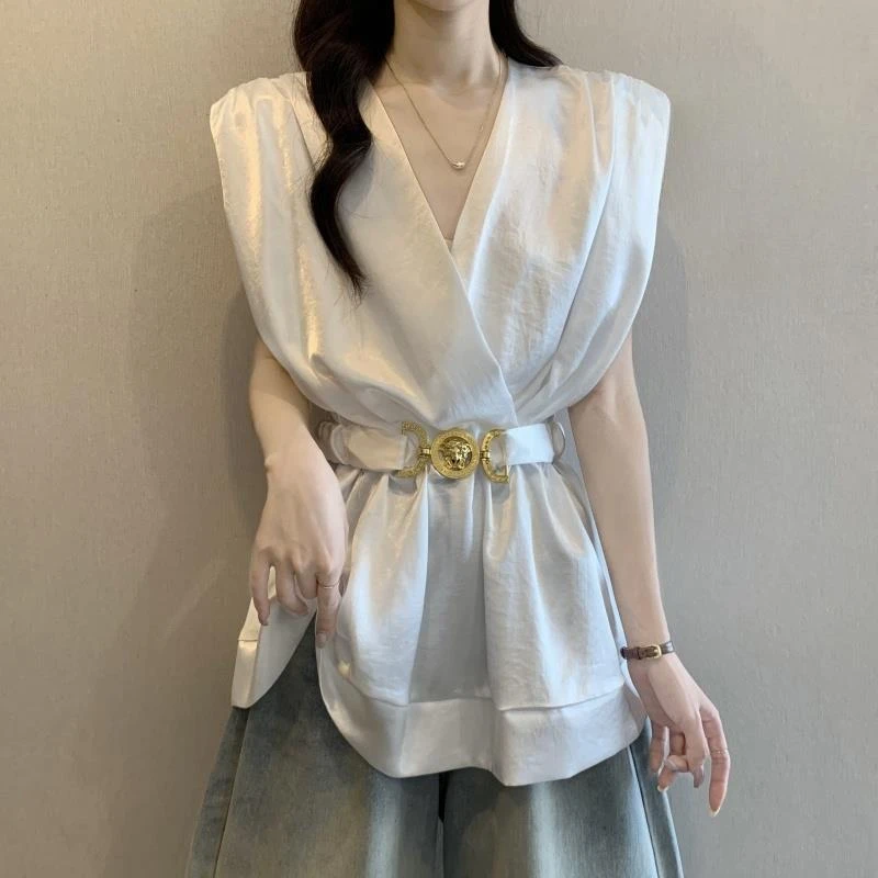 高级感无袖缎面V领衬衫女夏装2025大码胖mm中长款收腰遮肚子上衣