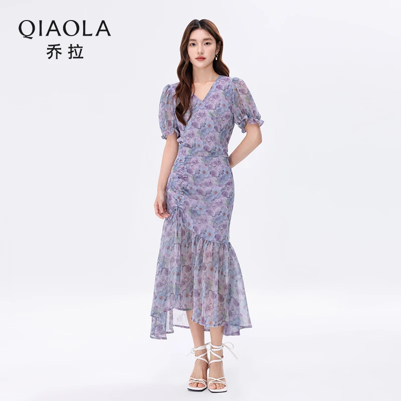 QIAOLA/乔拉【莫奈来信】夏款定制印花V领弹力收腰时尚套装预售