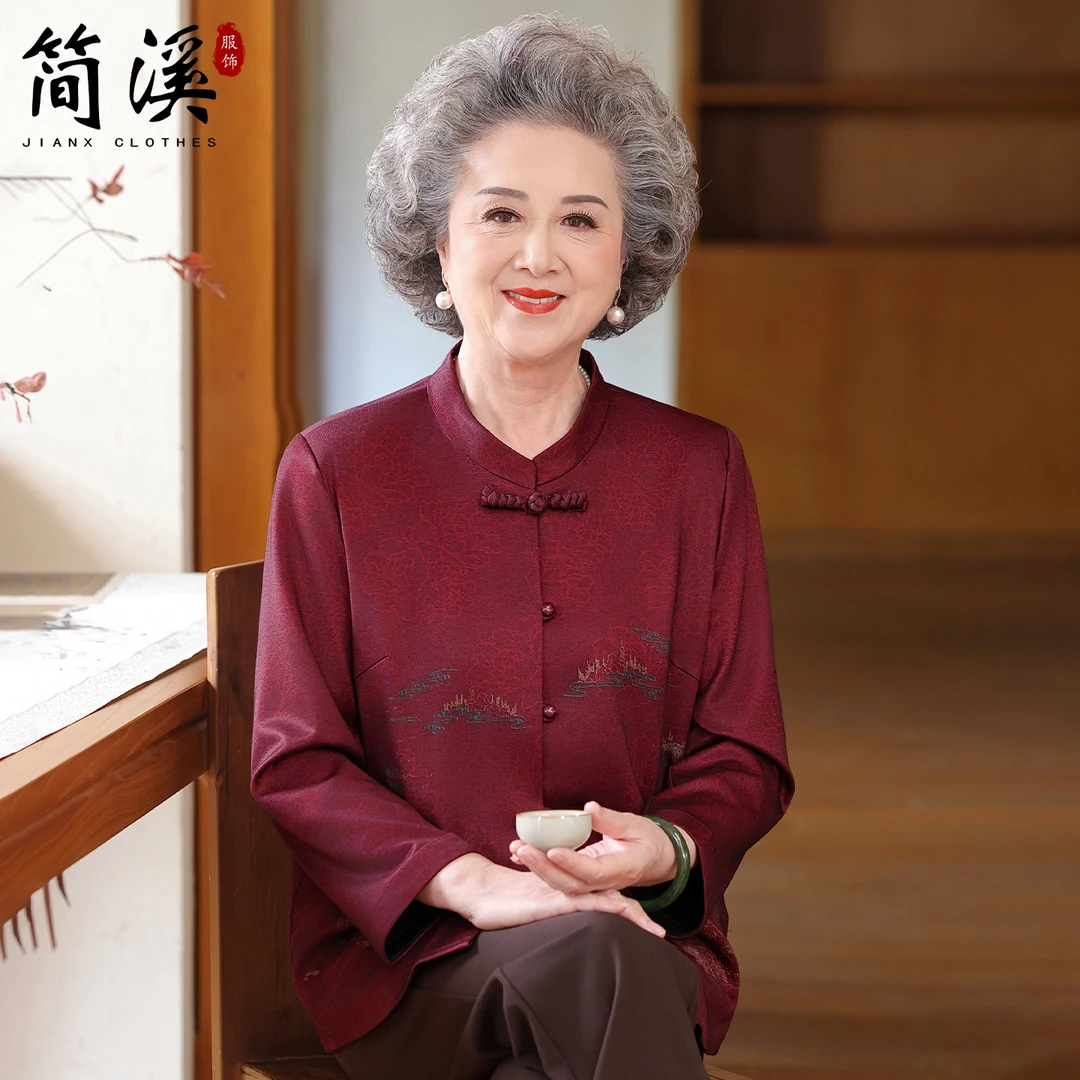 简溪中老年人秋装女奶奶衣服长袖中式印花衬衫妈妈薄外套婚礼喜庆
