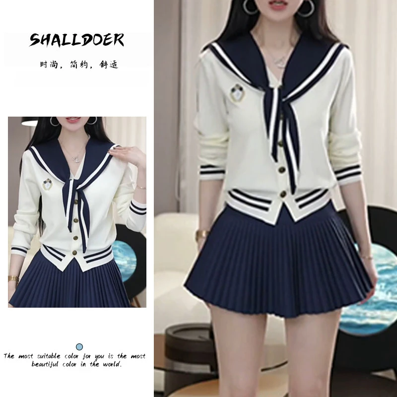 学院风海军领短款长袖针织衫女2025秋季新款气质白色显瘦百搭上衣